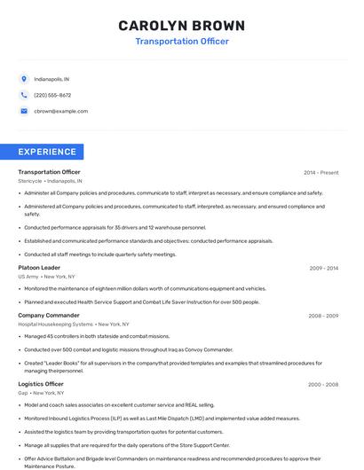 Transportation Officer Resume