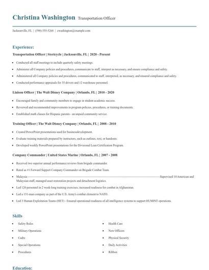 Transportation Officer Resume