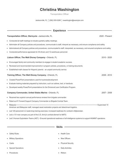 Transportation Officer Resume