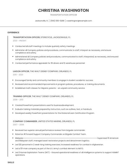 Transportation Officer Resume