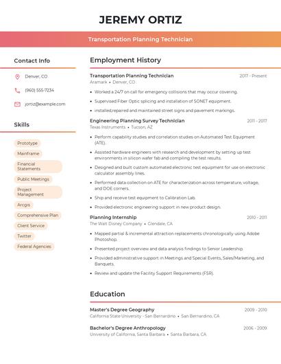 Transportation Planning Technician Resume