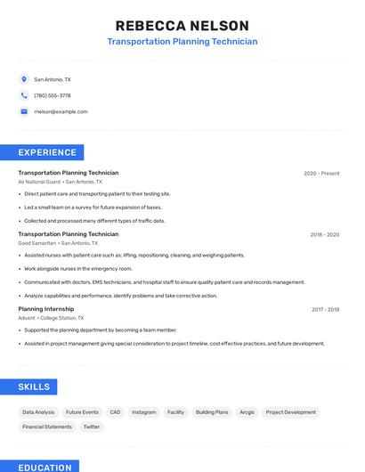 Transportation Planning Technician Resume