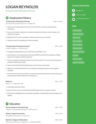 Transportation Planning Technician Resume