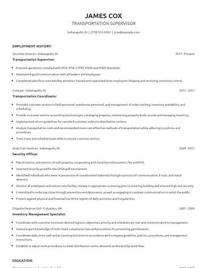 Transportation Supervisor Resume