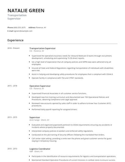 Transportation Supervisor Resume