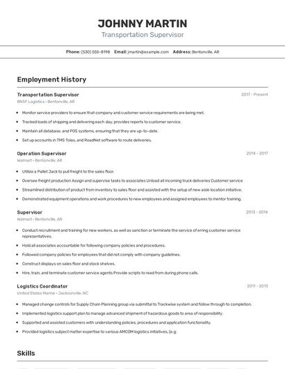 Transportation Supervisor Resume