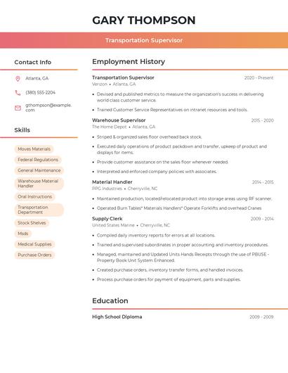 Transportation Supervisor Resume