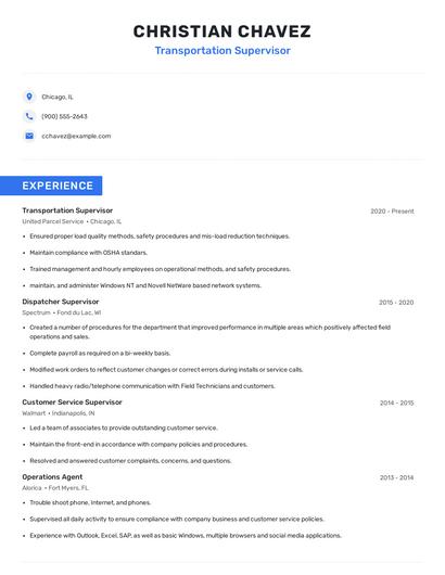 Transportation Supervisor Resume