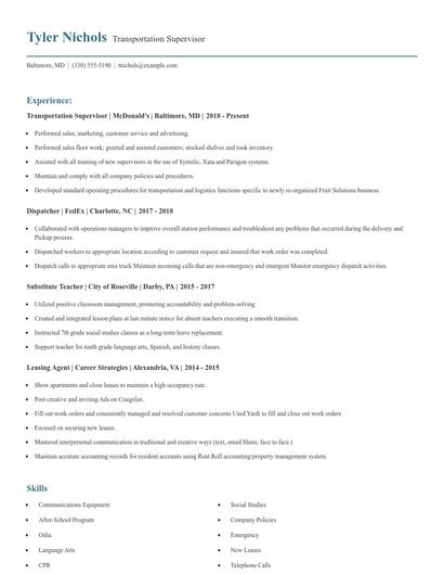 Transportation Supervisor Resume
