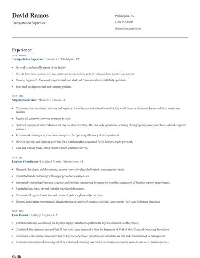 Transportation Supervisor Resume