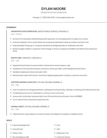 Transportation Supervisor Resume