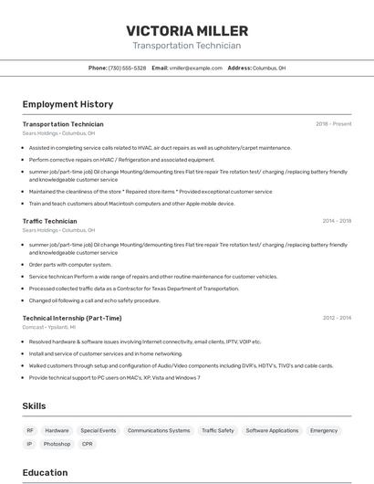 Transportation Technician Resume