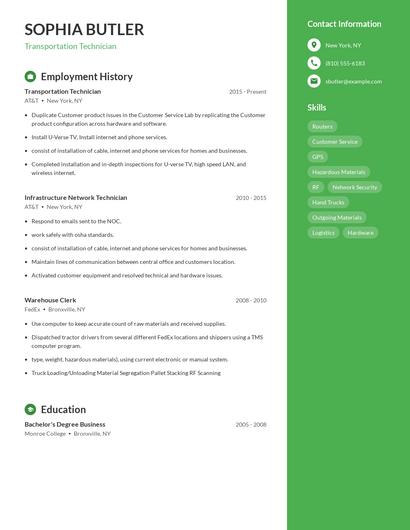 Transportation Technician Resume