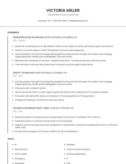 Transportation Technician Resume