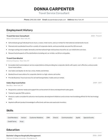 Travel Service Consultant Resume