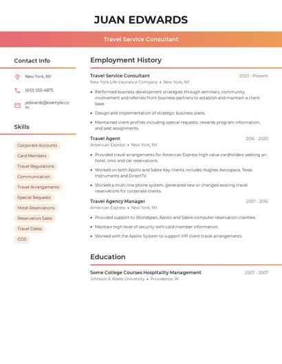 Travel Service Consultant Resume