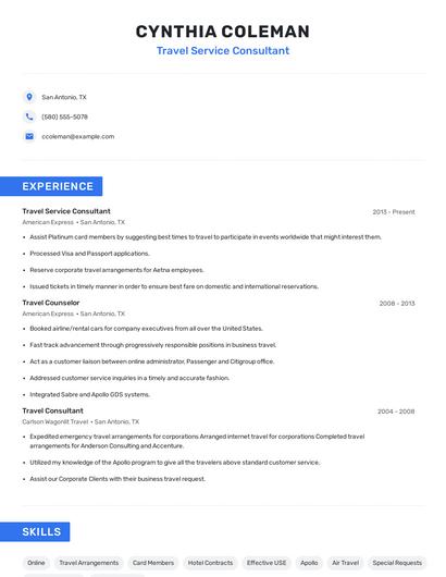 Travel Service Consultant Resume