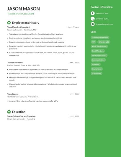 Travel Service Consultant Resume