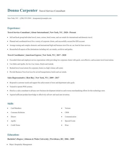 Travel Service Consultant Resume