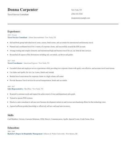 Travel Service Consultant Resume