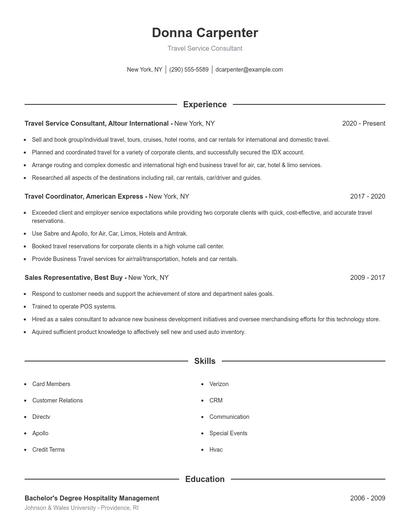 Travel Service Consultant Resume