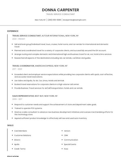 Travel Service Consultant Resume