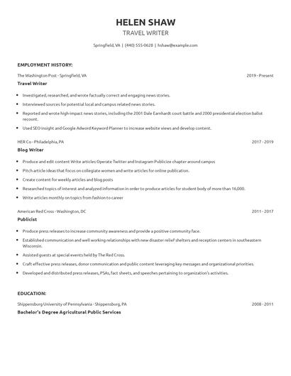 Travel Writer Resume