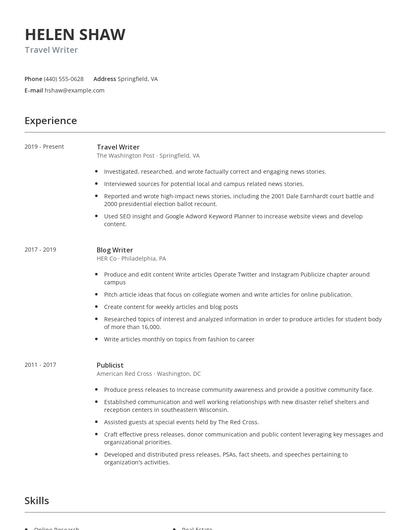 Travel Writer Resume