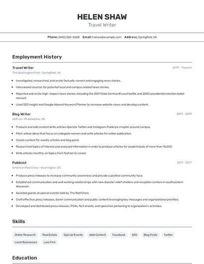 Travel Writer Resume