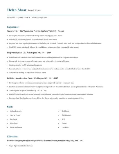 Travel Writer Resume