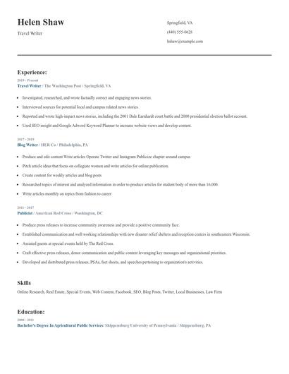 Travel Writer Resume