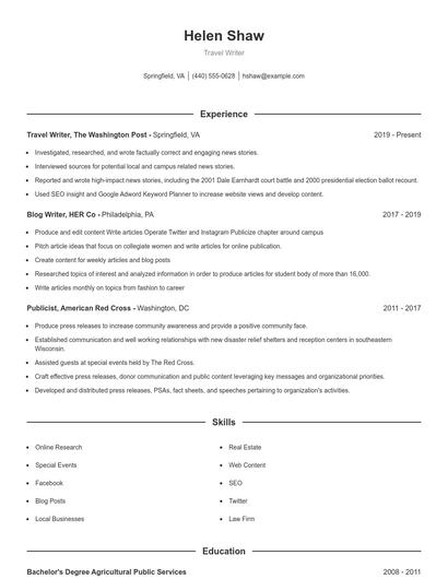 Travel Writer Resume