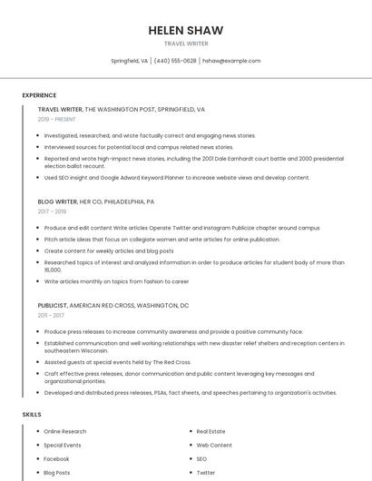 Travel Writer Resume