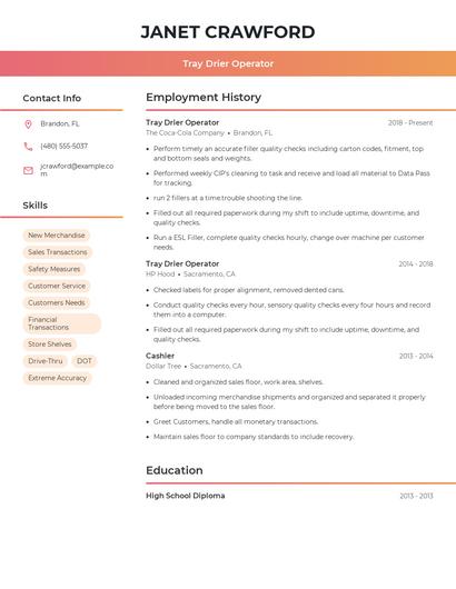 Tray Drier Operator Resume