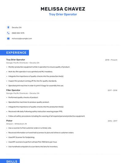 Tray Drier Operator Resume