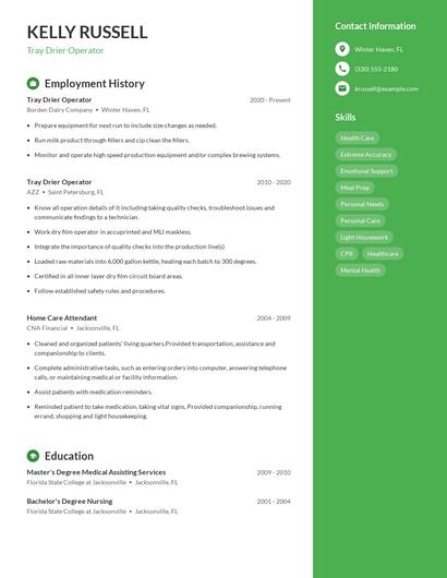 Tray Drier Operator Resume