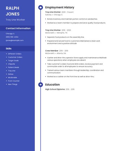 Tray Line Worker Resume