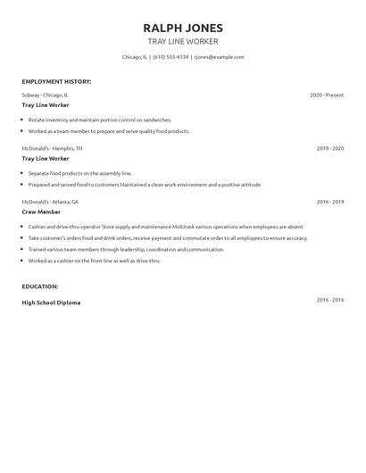 Tray Line Worker Resume