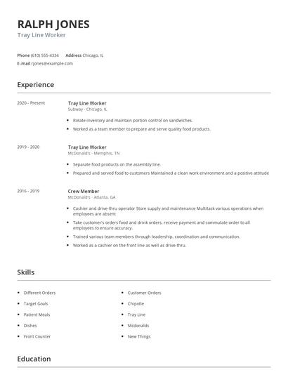 Tray Line Worker Resume