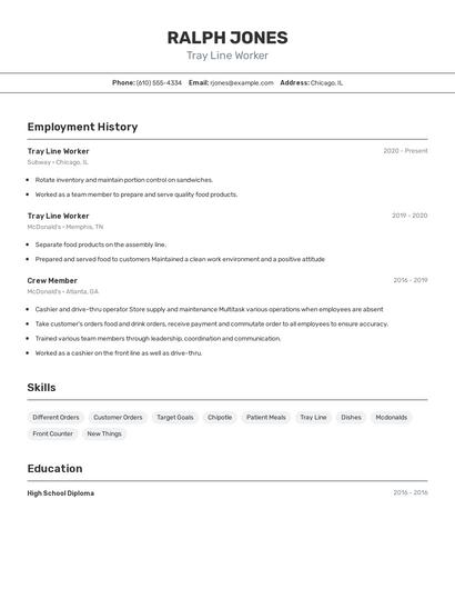 Tray Line Worker Resume