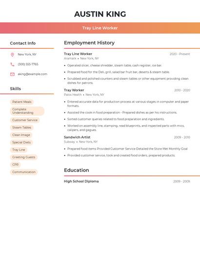 Tray Line Worker Resume