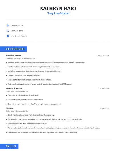 Tray Line Worker Resume