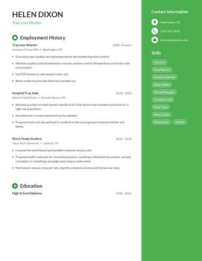 Tray Line Worker Resume