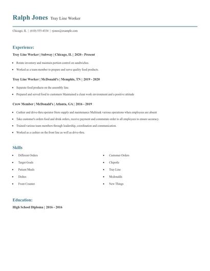 Tray Line Worker Resume