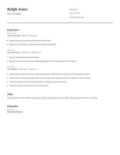 Tray Line Worker Resume