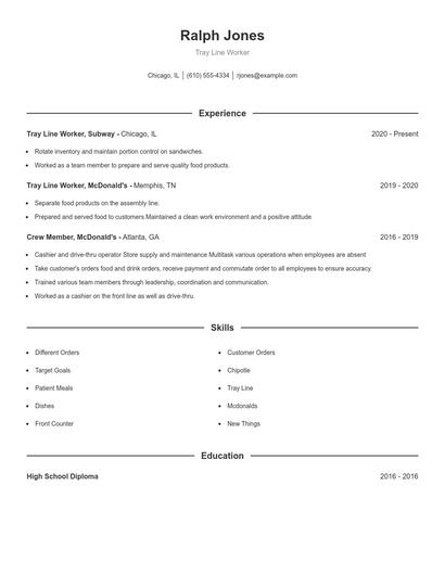 Tray Line Worker Resume