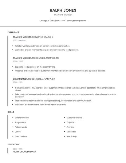 Tray Line Worker Resume