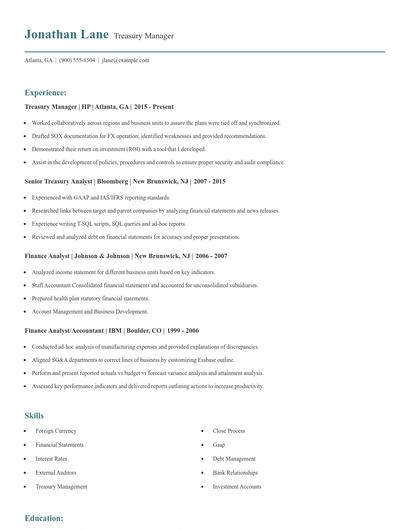 Treasury Manager Resume
