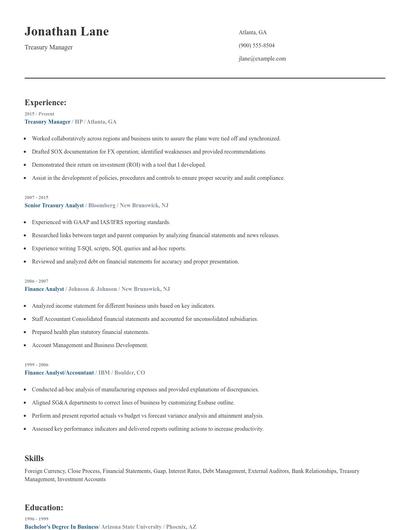 Treasury Manager Resume