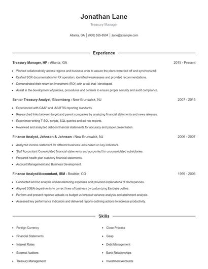 Treasury Manager Resume